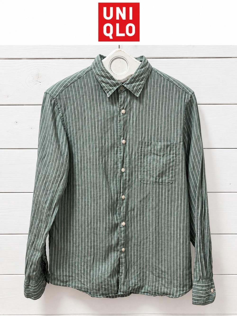 UNIQLO Men’s Linen Striped Shirt – Sage Green – Size S